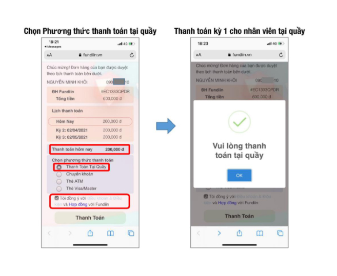  Chọn thanh toán kỳ đầu tiên tại quầy