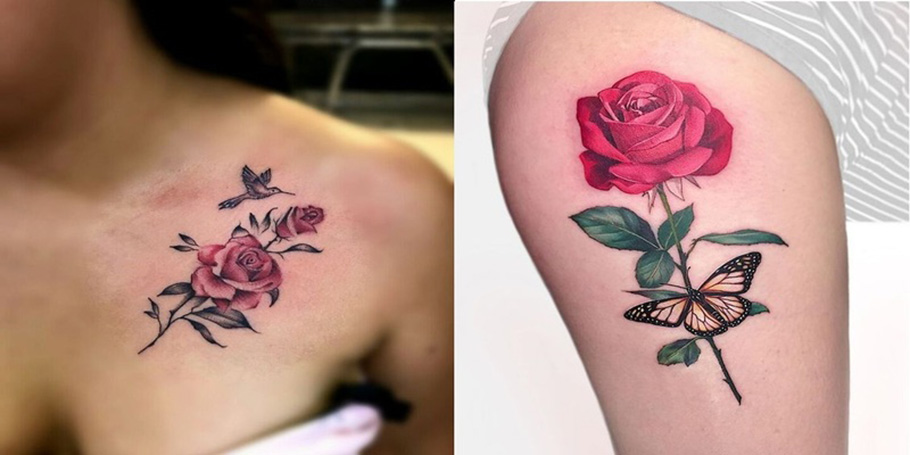 Hình xăm hoa hồng ở ngực và bắp tay