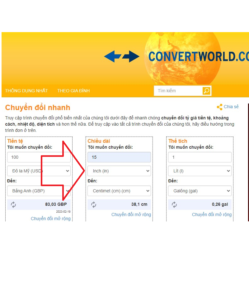 Đổi 1 inch sang mm, cm, dm, m bằng bằng công cụ ConvertWorld